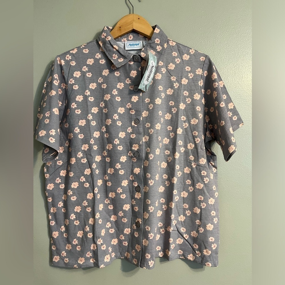 National Womens 100% Cotton Floral Boho Gray Button Up Shirt Blouse Sz LP NWT